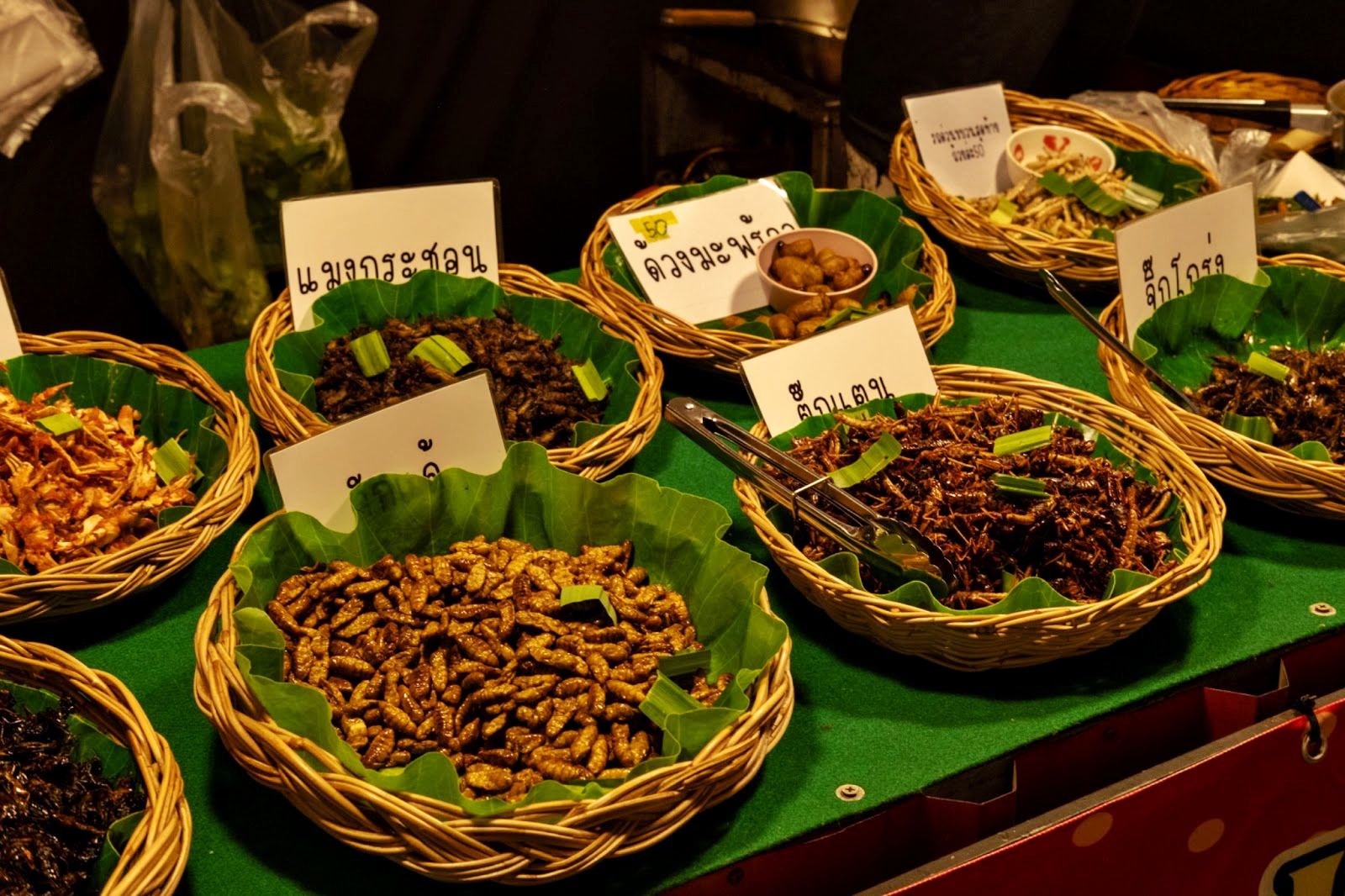 Sélection d'insectes comestibles sur un stand de l'Indy Market à Bangkok